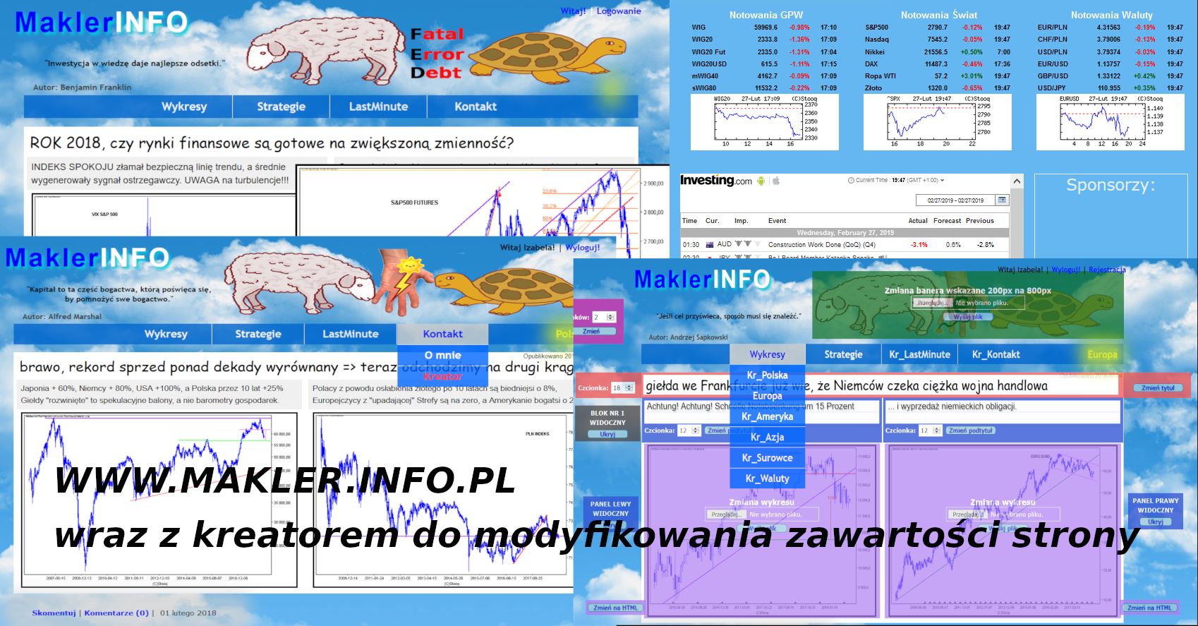 Makler Info - serwis o informacjach giełdowych z różnych rynków, przedstawianych w sposób humorystyczny. Plus kreator do modyfikowania zawartości strony. PHP, HTML, CSS.