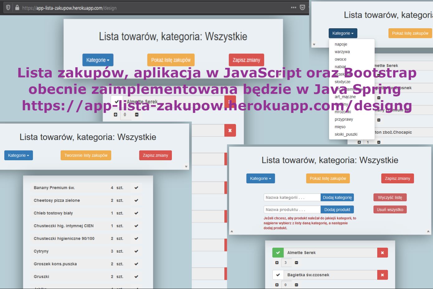 Lista zakupów, aplikacja w JavaScript oraz Bootstrap obecnie zaimplementowana będzie w Java Spring. Opublikowana na HerokuApp.